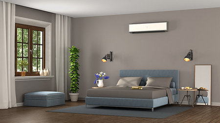 room with air conditioner - Blue and brown modern master bedroom with air conditioner- 3d rendering Stock Photo - Budget Royalty-Free & Subscription, Code: 400-09226143