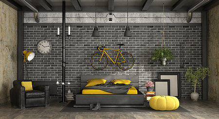 Black and yellow master bedroom in a loft with double bed against brick wall - 3d rendering Stock Photo - Budget Royalty-Free & Subscription, Code: 400-09226287