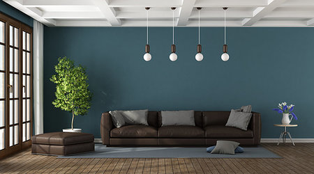 simsearch:400-08797073,k - Brown sofa in a blue living room with large window and coffered ceiling - 3d rendering Photographie de stock - Aubaine LD & Abonnement, Code: 400-09226289