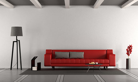 Minimalist living room with red sofa against white wall - 3d rendering Stock Photo - Budget Royalty-Free & Subscription, Code: 400-09226291