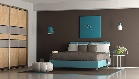 simsearch:400-07796866,k - Blue and brown modern master bedroom with double bed and wardrobe - 3d rendering Stock Photo - Budget Royalty-Free & Subscription, Code: 400-09226344