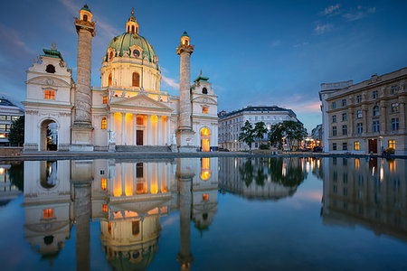 simsearch:400-07307815,k - Cityscape image of Vienna with St. Charles Church during twilight blue hour. Stock Photo - Budget Royalty-Free & Subscription, Code: 400-09226376