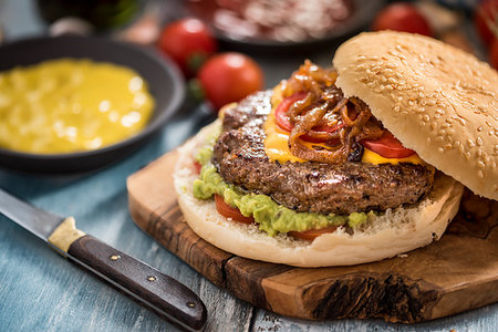 sandwich rustic table - Tasty homemade burger served with different sauces top view Stock Photo - Budget Royalty-Free & Subscription, Code: 400-09221133