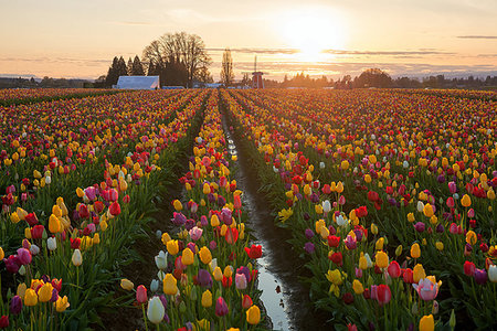 simsearch:400-08400581,k - Sunset over colorful Tulip flower fields during spring season tulip festival in Woodburn Oregon Photographie de stock - Aubaine LD & Abonnement, Code: 400-09221322