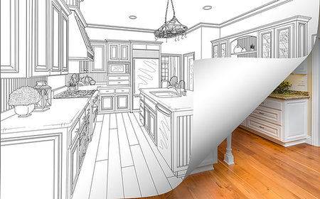 simsearch:400-08772366,k - Kitchen Drawing Page Corner Flipping with Photo Behind. Stock Photo - Budget Royalty-Free & Subscription, Code: 400-09221690