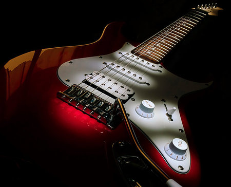 simsearch:400-08134650,k - Six-string red electric guitar on a black background. Stock Photo - Budget Royalty-Free & Subscription, Code: 400-09221763