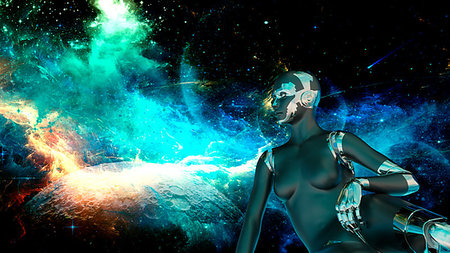female mechanic - Cyborg Woman - Humanoid looking the space - 3D rendering Foto de stock - Super Valor sin royalties y Suscripción, Código: 400-09221900