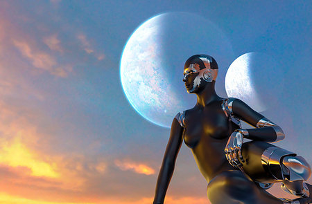 female mechanic - Cyborg Woman - Humanoid looking the sunset - 3D rendering Foto de stock - Super Valor sin royalties y Suscripción, Código: 400-09221901