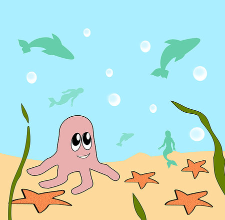 Four starfish and an octopus that looks at the swimming fishes and the mermaids in the sea. Stock Photo - Budget Royalty-Free & Subscription, Code: 400-09222717