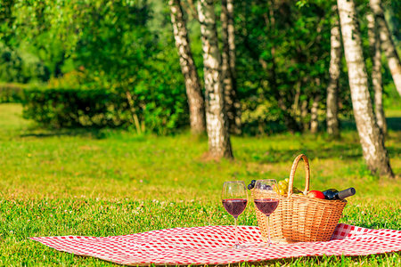 simsearch:400-05194830,k - checkered tablecloth on a green lawn in the park with a basket for a picnic. In the basket fruit and red wine Stockbilder - Microstock & Abonnement, Bildnummer: 400-09222790