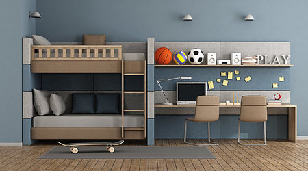 Blue Teen room with bunk bed , desk and chair - 3d rendering Stock Photo - Budget Royalty-Free & Subscription, Code: 400-09222935