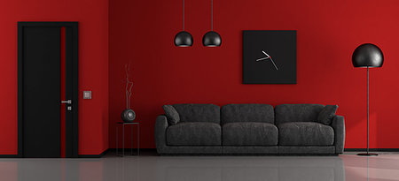 Black and red minimalist living room with sofa and closed door - 3d rendering Stock Photo - Budget Royalty-Free & Subscription, Code: 400-09222932