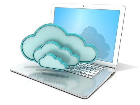 simsearch:400-09028668,k - Laptop with clouds 3D computer icon. 3D rendering - concept of cloud computing. Isolated on white background Stock Photo - Budget Royalty-Free & Subscription, Code: 400-09223046