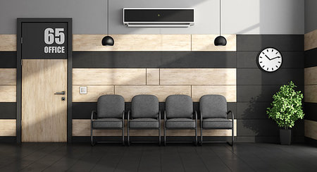 room with air conditioner - Minimalist waiting room with black chairs and closed door - 3d rendering Stock Photo - Budget Royalty-Free & Subscription, Code: 400-09223476