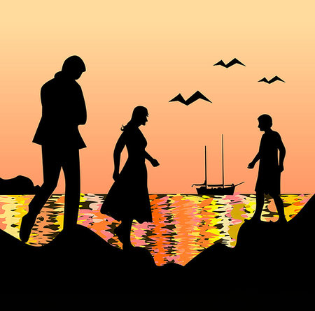 simsearch:400-07975760,k - People who meet by the sea at sunset. Fotografie stock - Microstock e Abbonamento, Codice: 400-09223780