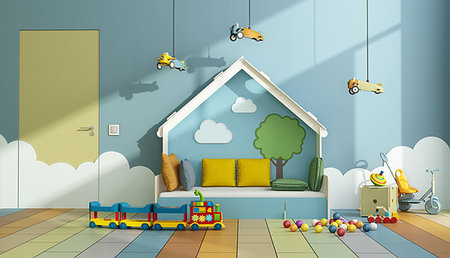 Colorful playroom with bed , toys and closed door Stock Photo - Budget Royalty-Free & Subscription, Code: 400-09223907