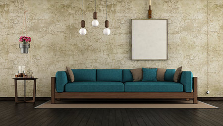 simsearch:400-08797073,k - Living room with cracked wall and wooden sofa with blue cushion- 3d rendering Stock Photo - Budget Royalty-Free & Subscription, Code: 400-09223903