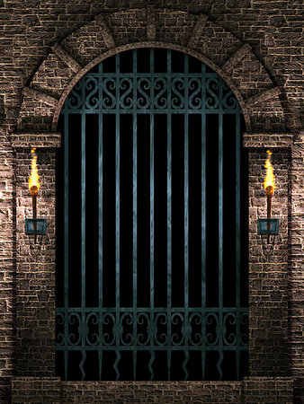 Medieval castle arch with iron castle gate and torches.3d illustration. Stock Photo - Budget Royalty-Free & Subscription, Code: 400-09237623