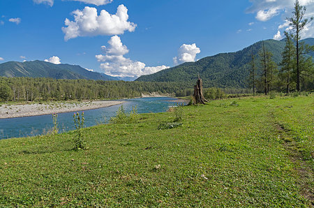 path waterside - Katun River. Altai Mountains, Russia. Sunny summer day. Stock Photo - Budget Royalty-Free & Subscription, Code: 400-09237697