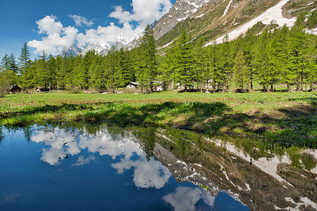 simsearch:400-09237738,k - small lake in Val Ferret with trees mountains and clouds reflected in the water in spring season Foto de stock - Royalty-Free Super Valor e Assinatura, Número: 400-09238155