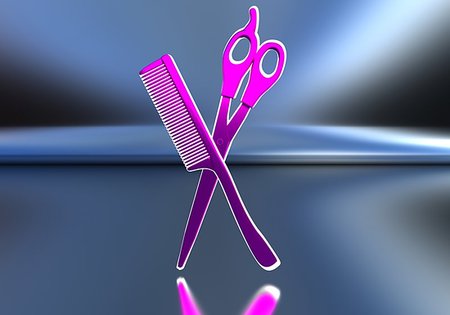 Pink scissors and comb. The subject of hairdressers. 3D illustration Stock Photo - Budget Royalty-Free & Subscription, Code: 400-09274349