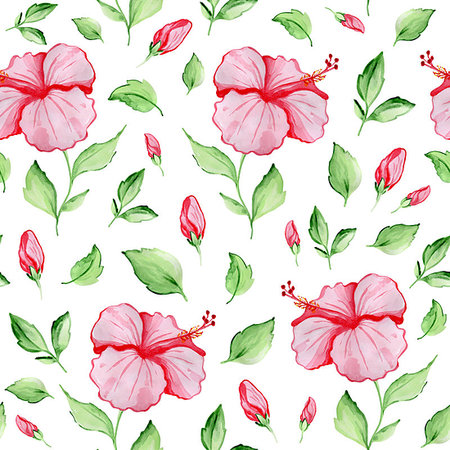 simsearch:400-09011216,k - Watercolor tropical seamless pattern with red hibiscus flowers and green leaves on a white background Foto de stock - Super Valor sin royalties y Suscripción, Código: 400-09274695