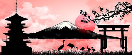 Silhouette Fuji mountain at sunset. Landscape, Mount Fuji. Mount Fuji on a pink background. Stock Photo - Budget Royalty-Free & Subscription, Code: 400-09274755