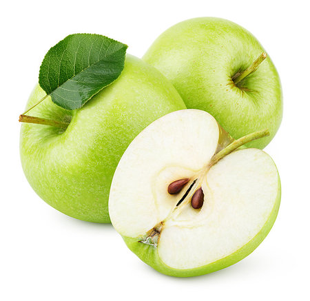 simsearch:400-04994957,k - Group of ripe green apple fruits with apple half and green leaf isolated on white background. Apples with clipping path Foto de stock - Super Valor sin royalties y Suscripción, Código: 400-09275511