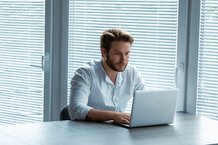 simsearch:614-00655765,k - Serious young businessman working on a laptop computer with a look of concentration seated at an office table in front of large windows with blinds Photographie de stock - Aubaine LD & Abonnement, Code: 400-09273563