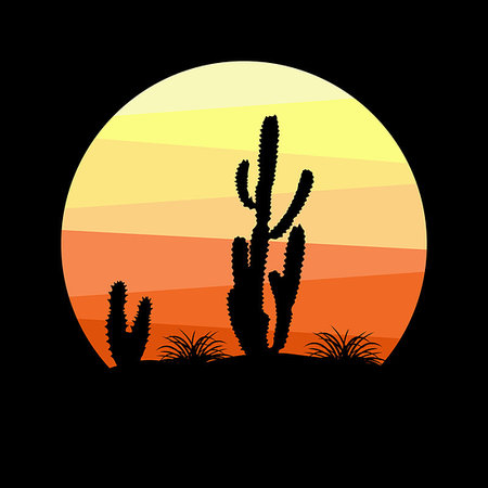 desert sunset landscape cactus - Mexican desert at sunrise illustration with geometric sun and cactus decoration on black background Stock Photo - Budget Royalty-Free & Subscription, Code: 400-09273692