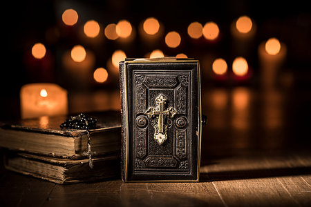 prayer candle and cross - Antique precious Bible, Holy rosary and lit candles in the Church: religion and Christianity concept Stock Photo - Budget Royalty-Free & Subscription, Code: 400-09273826