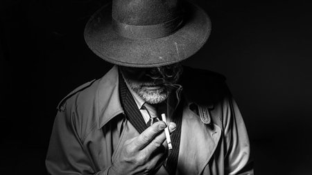 simsearch:400-07316542,k - Man with fedora hat and trench coat smoking a cigarette in the dark, 1950s noir film character Stock Photo - Budget Royalty-Free & Subscription, Code: 400-09273837