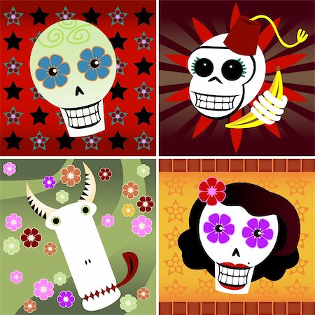Four festive skulls on four different backgrounds of colorful stars and flowers - includes a man, woman, monkey and bull - great for Halloween or Dia de los Muertos Stock Photo - Budget Royalty-Free & Subscription, Code: 400-03908430