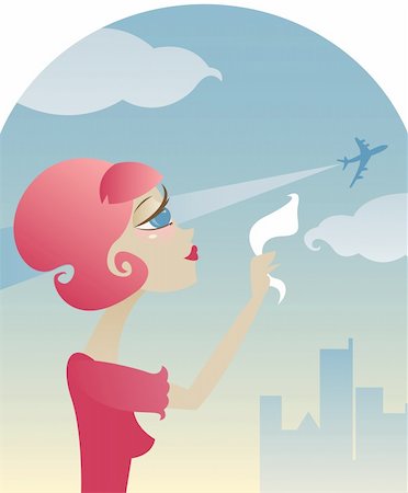 people waving at sky city - Sad retro style girl waves goodbye with her hanky, as an airplane takes off into the sky Stock Photo - Budget Royalty-Free & Subscription, Code: 400-03909211