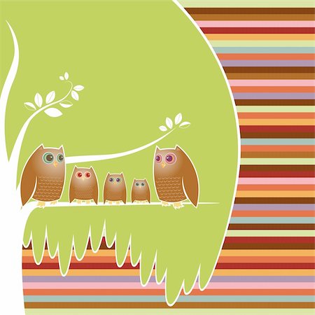 Family of five owls perched in their cozy tree, a colorful striped background Photographie de stock - Aubaine LD & Abonnement, Code: 400-03909305