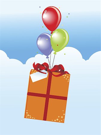 labeled package with ribbon flying over the blue sky with birthday balloons Stock Photo - Budget Royalty-Free & Subscription, Code: 400-03909384