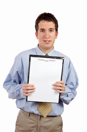 simsearch:400-04963726,k - Smiling businessman showing a blank clipboard, over a white background. Eyes on focus Stock Photo - Budget Royalty-Free & Subscription, Code: 400-03914173