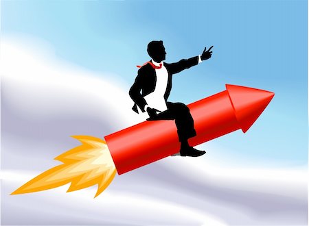 A business man sitting astride a rocket and flying through the air. No meshes used. Stock Photo - Budget Royalty-Free & Subscription, Code: 400-03914285