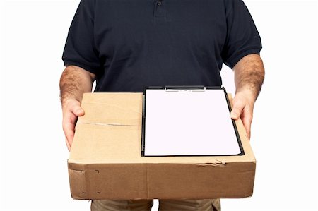 Courier delivering a package and holding a clipboard for a signature. Box on focus, shallow DOF Stock Photo - Budget Royalty-Free & Subscription, Code: 400-03916160