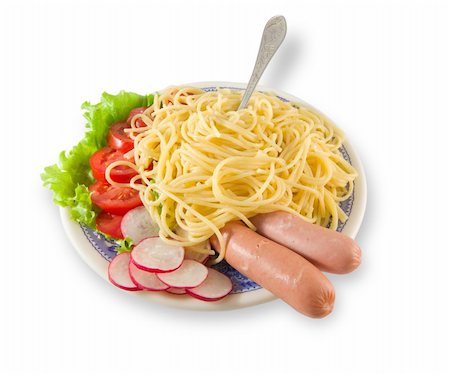 fine herb - Spaghetti with sausages on a plate isolated over white Stock Photo - Budget Royalty-Free & Subscription, Code: 400-03916346