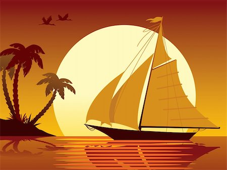 simsearch:846-05645754,k - Sailing tropical vacation: ship, sunset, island and palms Stock Photo - Budget Royalty-Free & Subscription, Code: 400-03916365