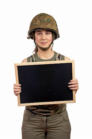A beautiful soldier girl holding the chalkboard Stock Photo - Budget Royalty-Free & Subscription, Code: 400-03916677