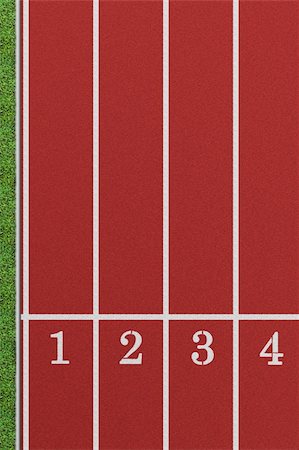simsearch:632-05760353,k - Running track from a bird's perspective showing the first 4 lanes with a patch of lawn on the left Stock Photo - Budget Royalty-Free & Subscription, Code: 400-03917145