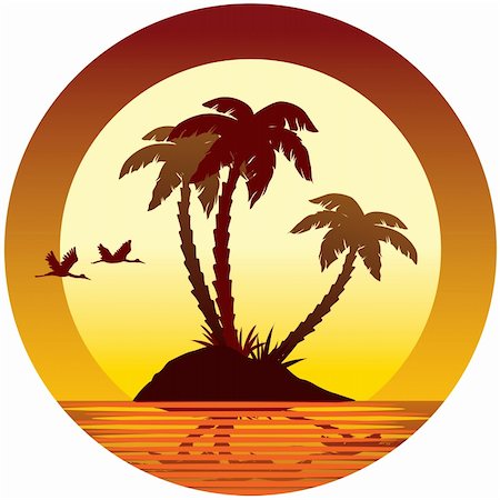 Tropical vacation: sunset, island, palms and flying birds Stock Photo - Budget Royalty-Free & Subscription, Code: 400-03917476