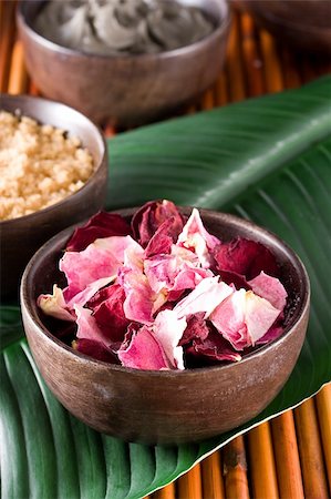 Spa: dry rose petals, body scrub, clay mud Stock Photo - Budget Royalty-Free & Subscription, Code: 400-03918720