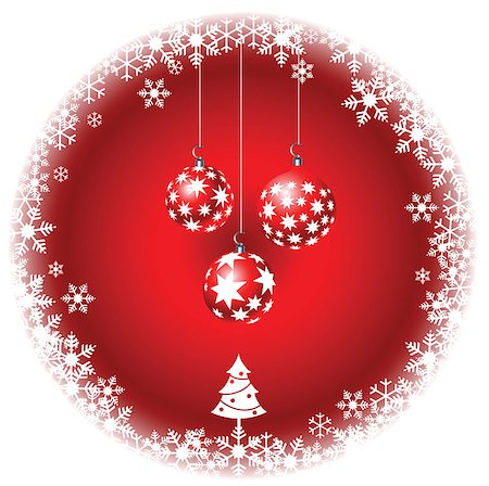 simsearch:693-06018743,k - Christmas ornaments hanging in a red snowy frame with Christmas tree at the bottom Fotografie stock - Microstock e Abbonamento, Codice: 400-03910004