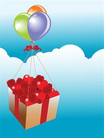 Box full of roses and hearts flying over the sky with balloons Stock Photo - Budget Royalty-Free & Subscription, Code: 400-03910032