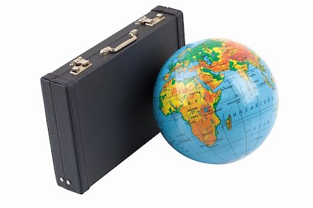 Little globe and a black suitcase against the white background Stock Photo - Budget Royalty-Free & Subscription, Code: 400-03910375