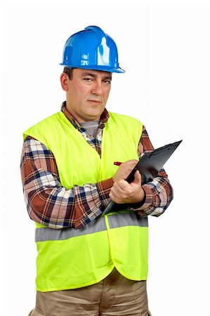simsearch:400-05745246,k - Construction worker with green safety vest writing, over a white background Photographie de stock - Aubaine LD & Abonnement, Code: 400-03912291