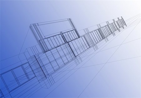 simsearch:400-05243756,k - architectural abstraction - 3D rendering wireframe, blue background Photographie de stock - Aubaine LD & Abonnement, Code: 400-03913552